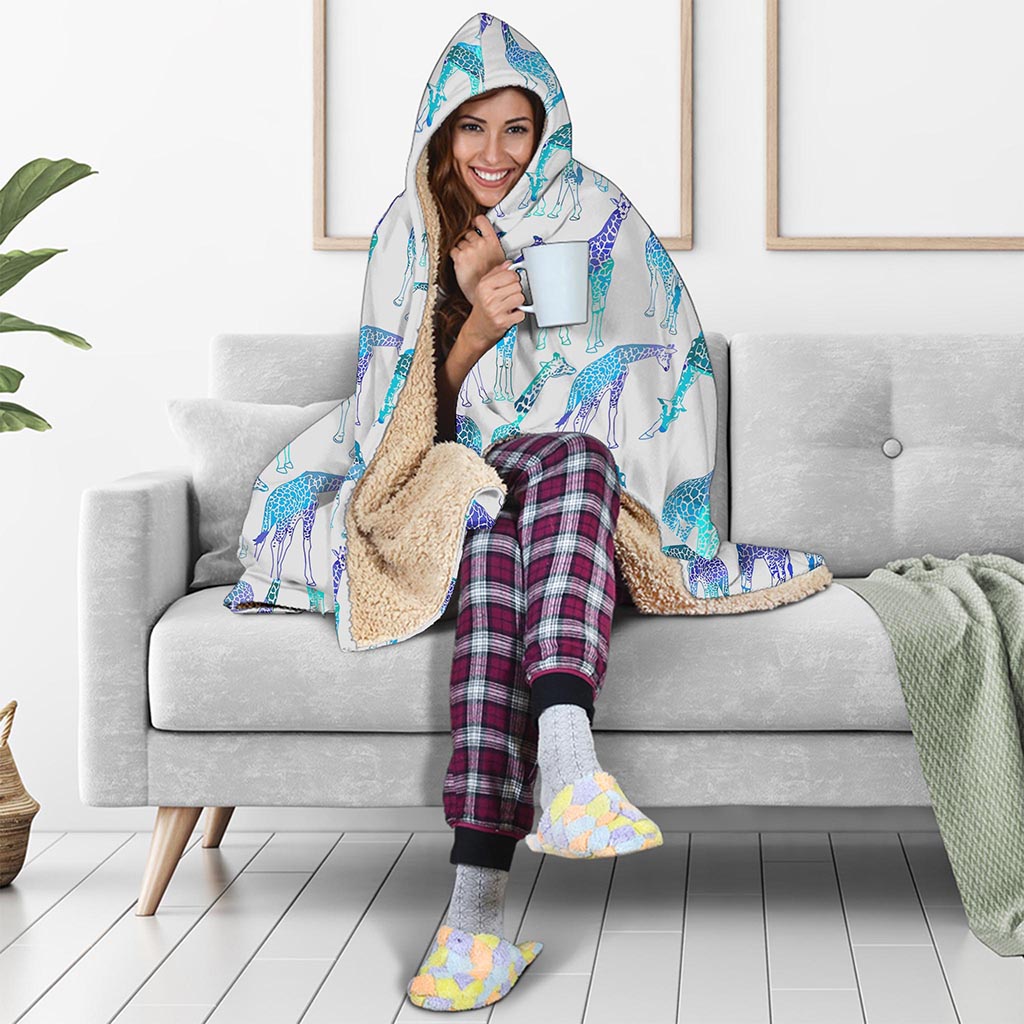 Turquoise Giraffe Pattern Print Hooded Blanket