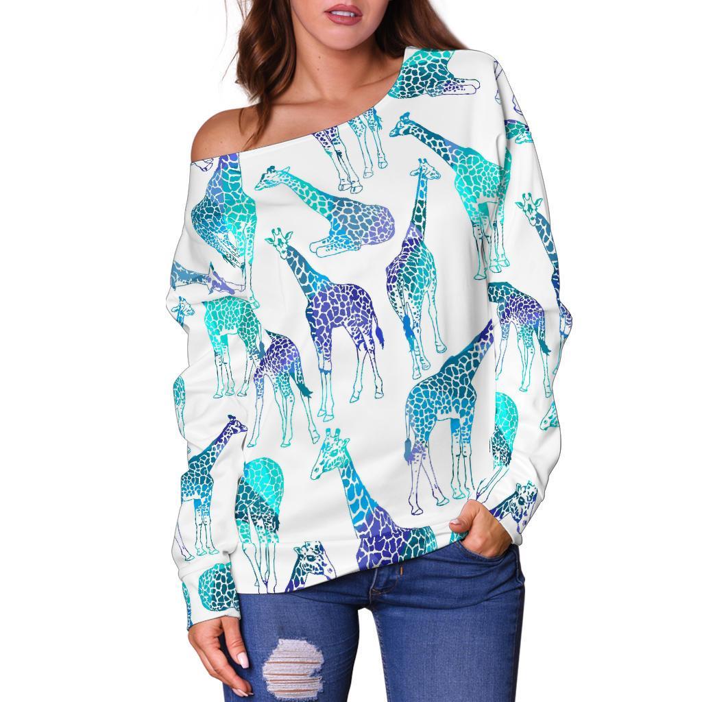 Turquoise Giraffe Pattern Print Off Shoulder Sweatshirt GearFrost