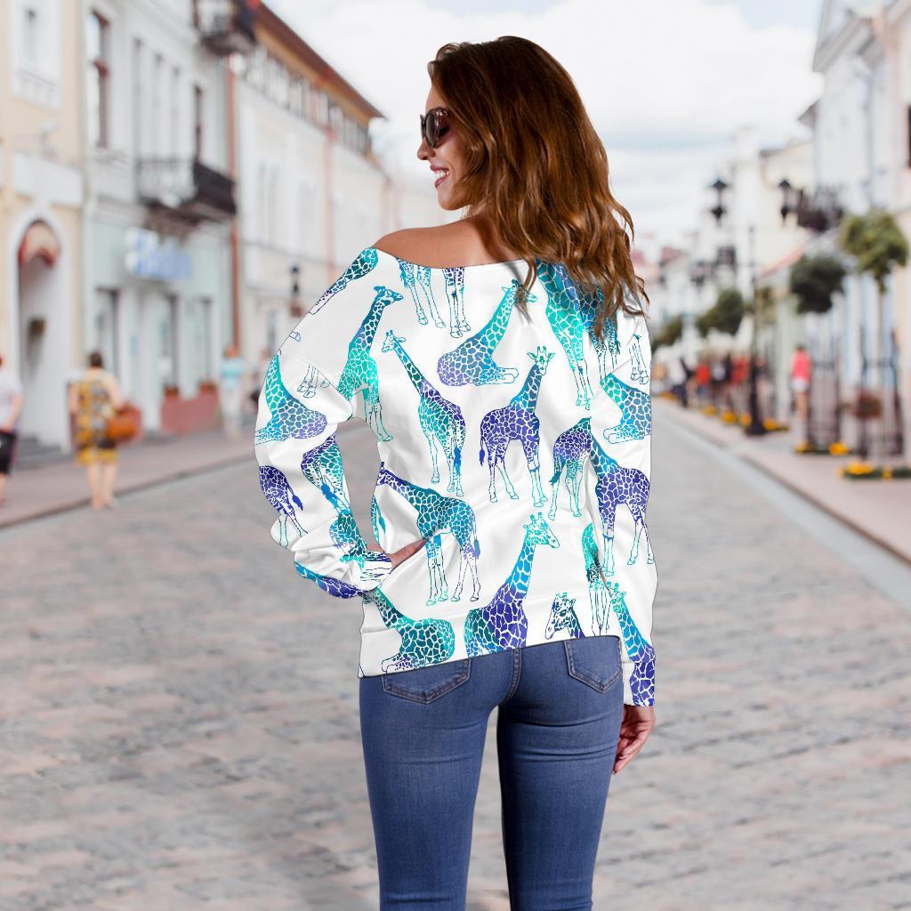 Turquoise Giraffe Pattern Print Off Shoulder Sweatshirt GearFrost