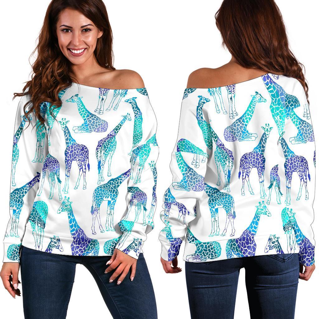 Turquoise Giraffe Pattern Print Off Shoulder Sweatshirt GearFrost