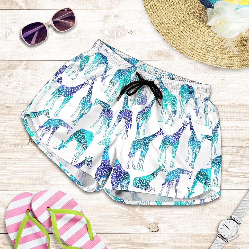 Turquoise Giraffe Pattern Print Women's Shorts