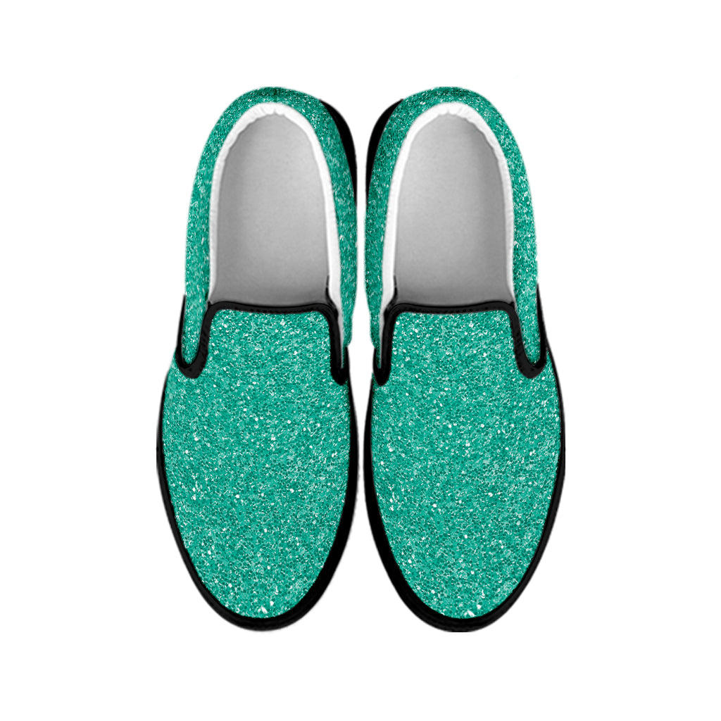 Turquoise Glitter Texture Print Black Slip On Shoes