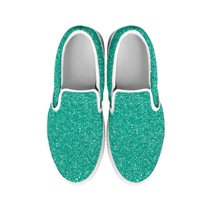 Turquoise Glitter Texture Print White Slip On Shoes