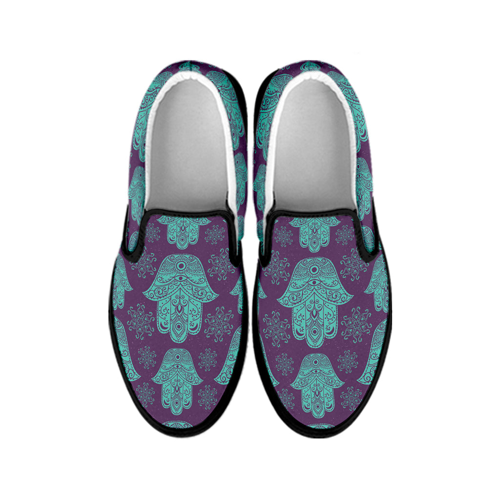 Turquoise Hamsa Pattern Print Black Slip On Shoes