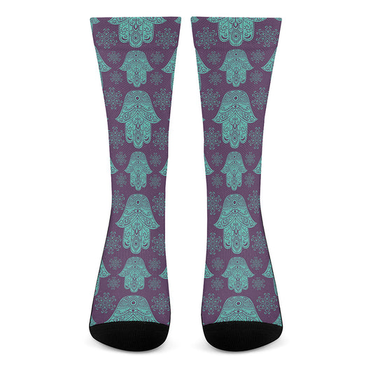 Turquoise Hamsa Pattern Print Crew Socks