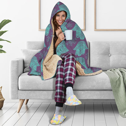Turquoise Hamsa Pattern Print Hooded Blanket