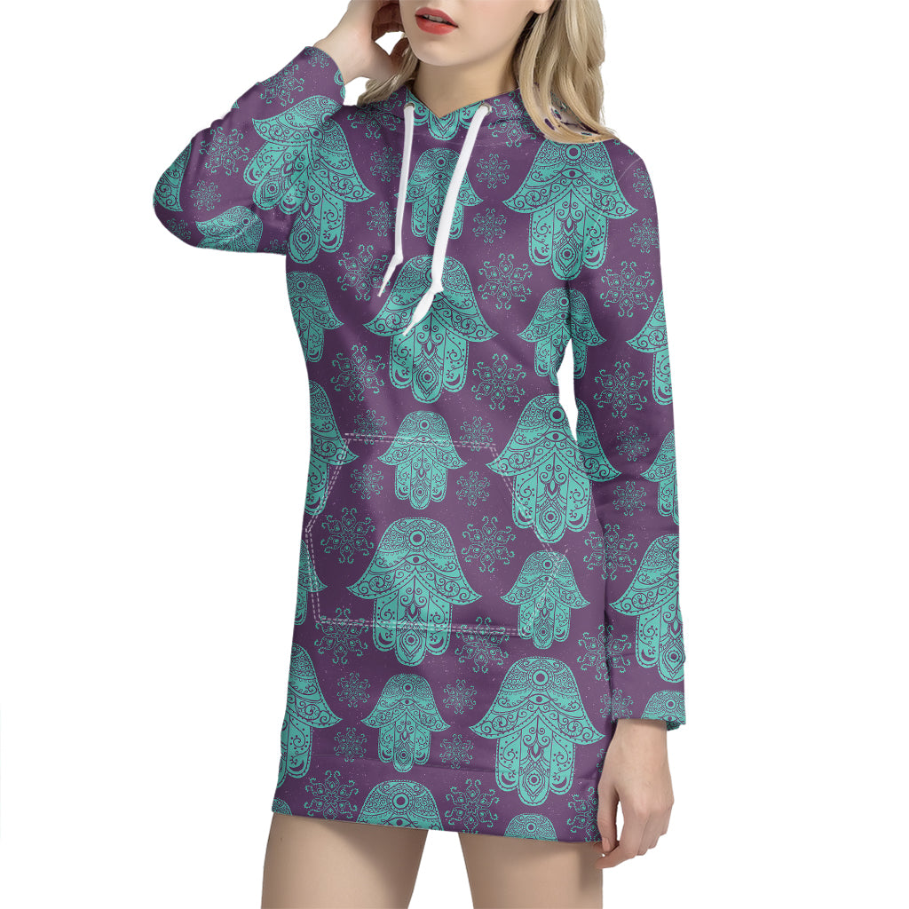 Turquoise Hamsa Pattern Print Hoodie Dress