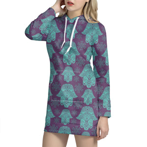 Turquoise Hamsa Pattern Print Hoodie Dress