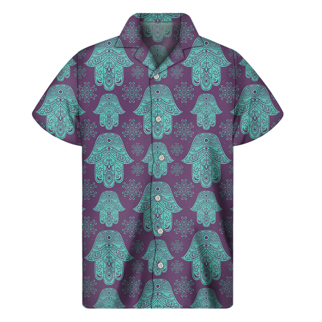 Turquoise Hamsa Pattern Print Men's Short Sleeve Shirt