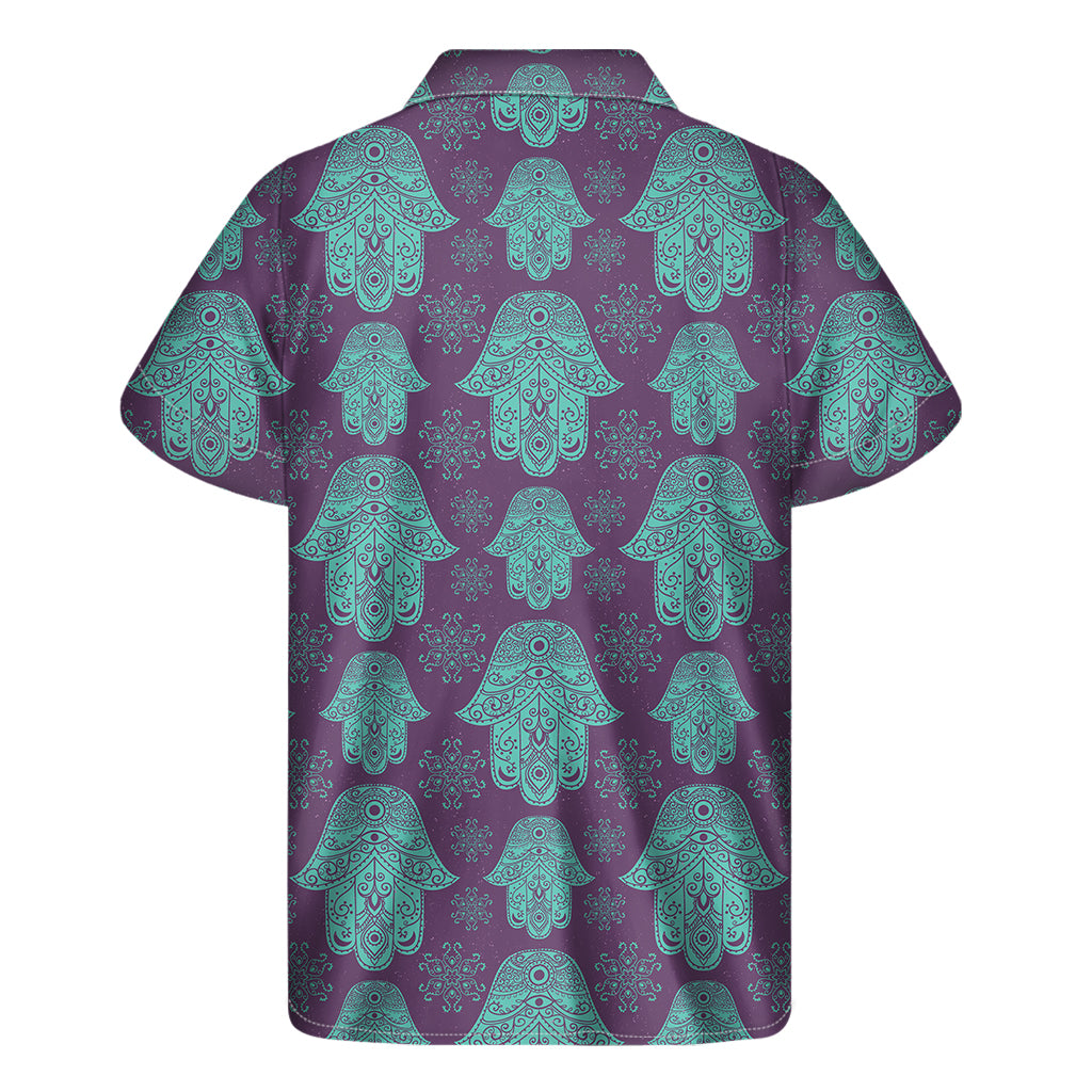 Turquoise Hamsa Pattern Print Men's Short Sleeve Shirt