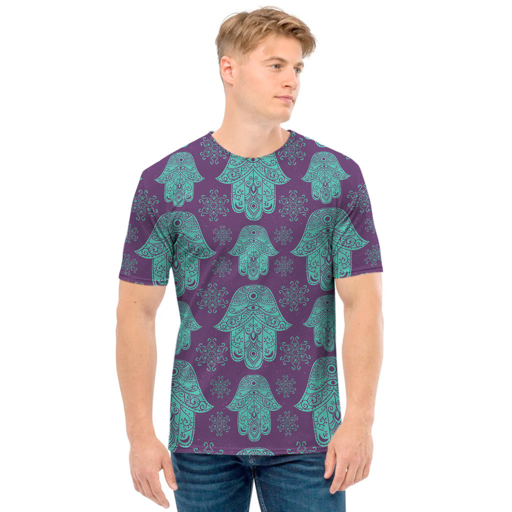 Turquoise Hamsa Pattern Print Men's T-Shirt