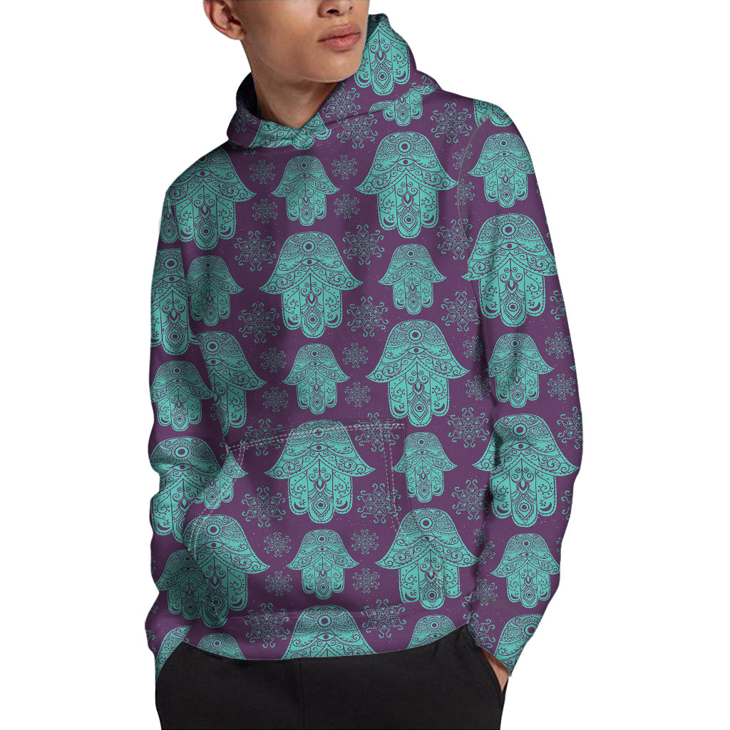 Turquoise Hamsa Pattern Print Pullover Hoodie