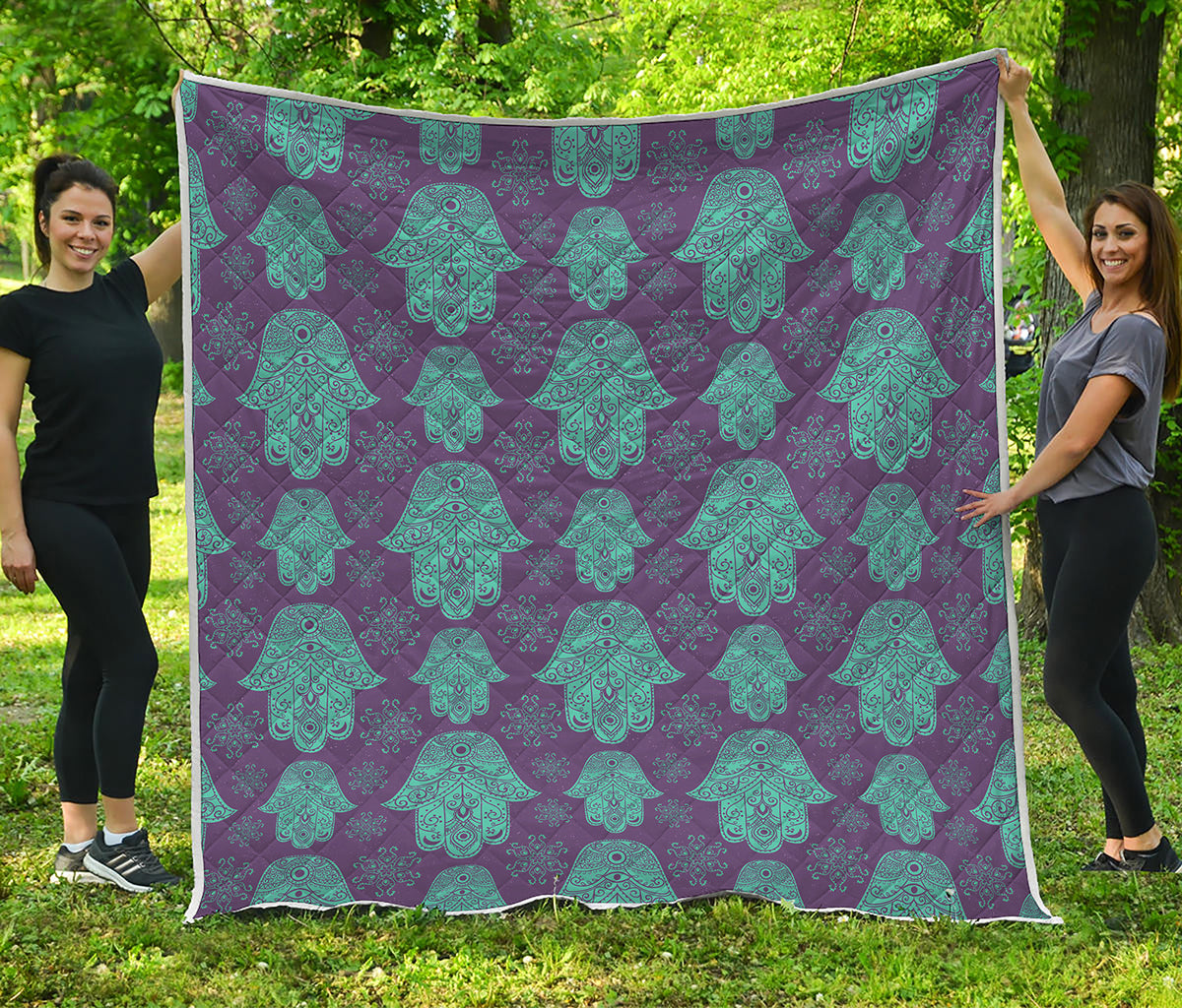 Turquoise Hamsa Pattern Print Quilt
