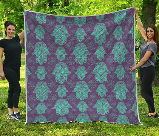 Turquoise Hamsa Pattern Print Quilt