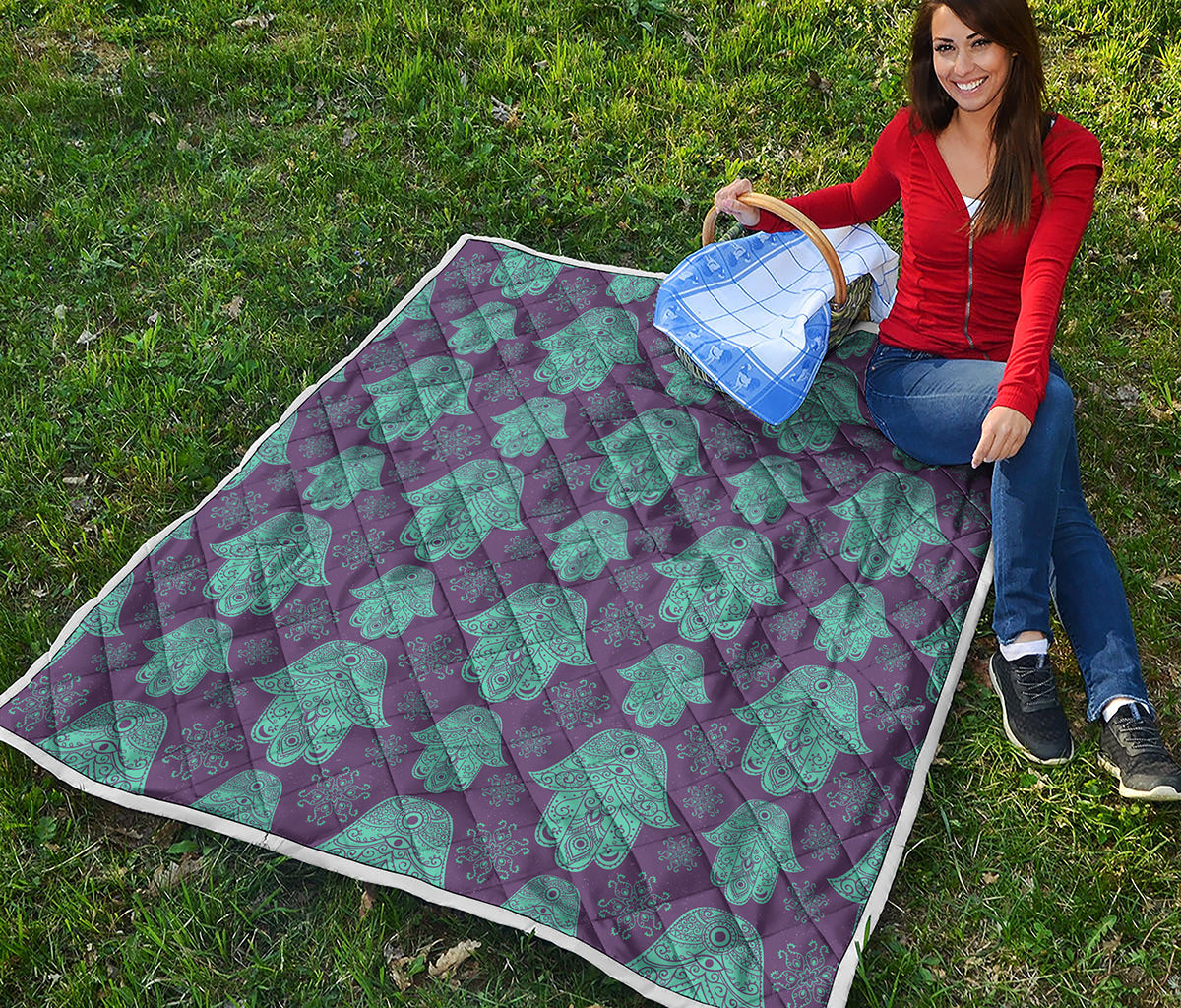 Turquoise Hamsa Pattern Print Quilt