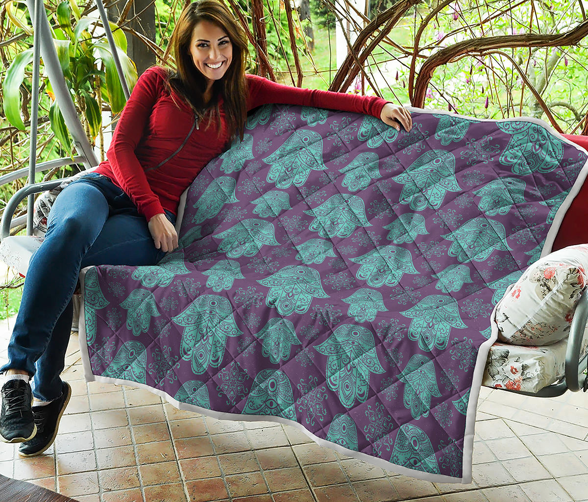Turquoise Hamsa Pattern Print Quilt