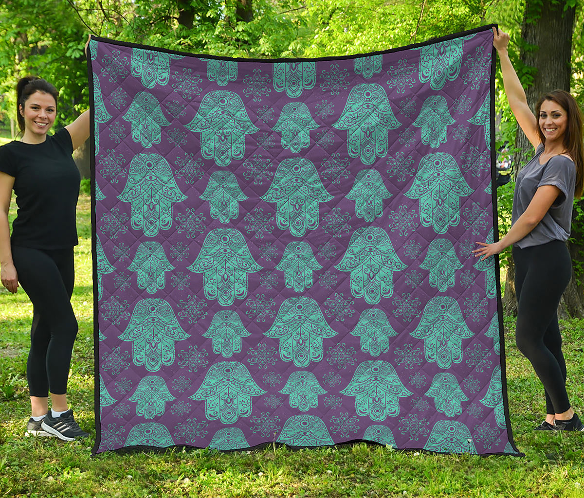 Turquoise Hamsa Pattern Print Quilt