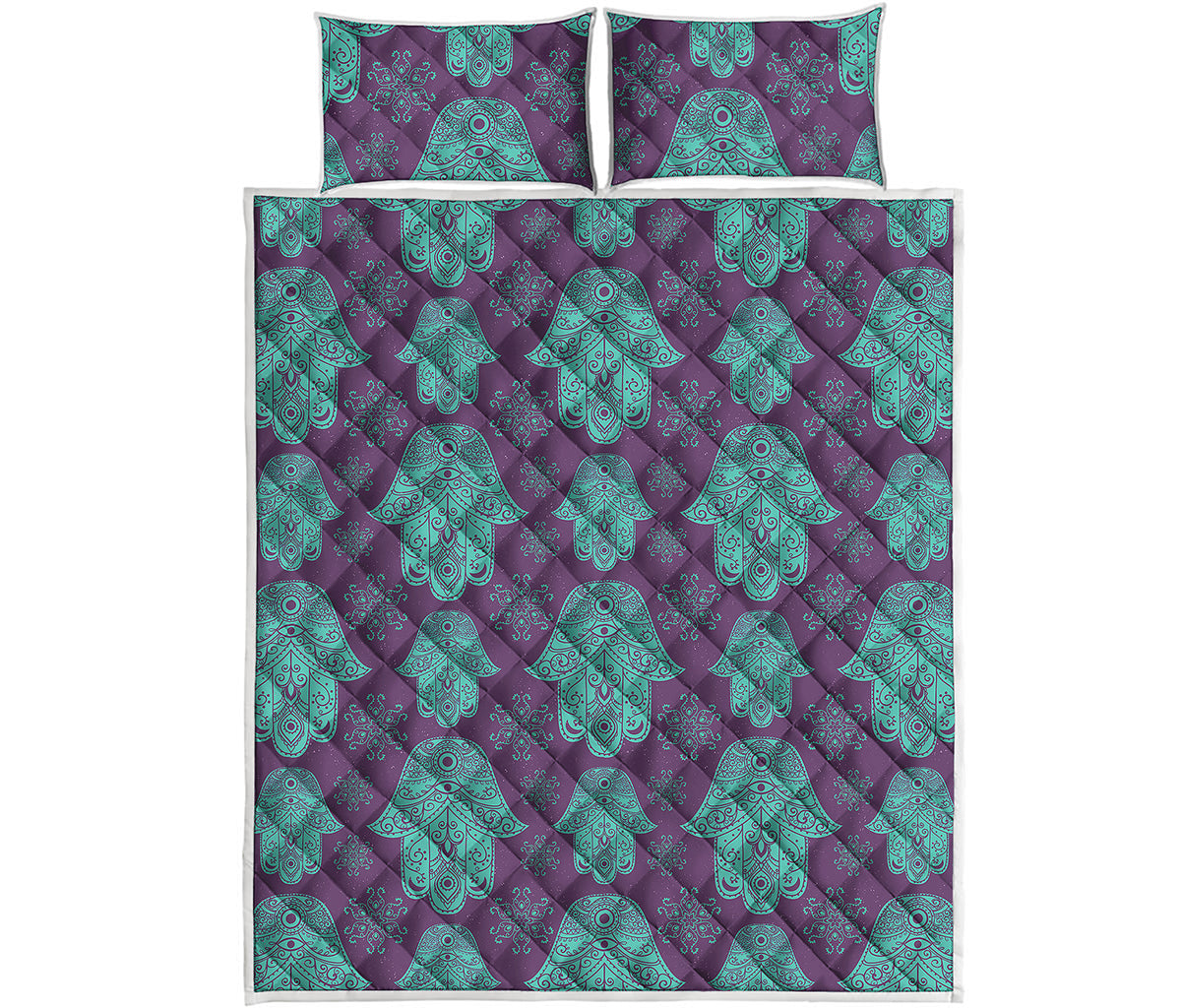 Turquoise Hamsa Pattern Print Quilt Bed Set