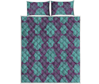 Turquoise Hamsa Pattern Print Quilt Bed Set