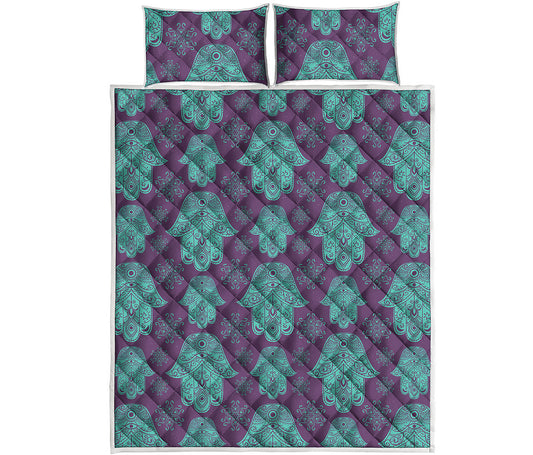 Turquoise Hamsa Pattern Print Quilt Bed Set