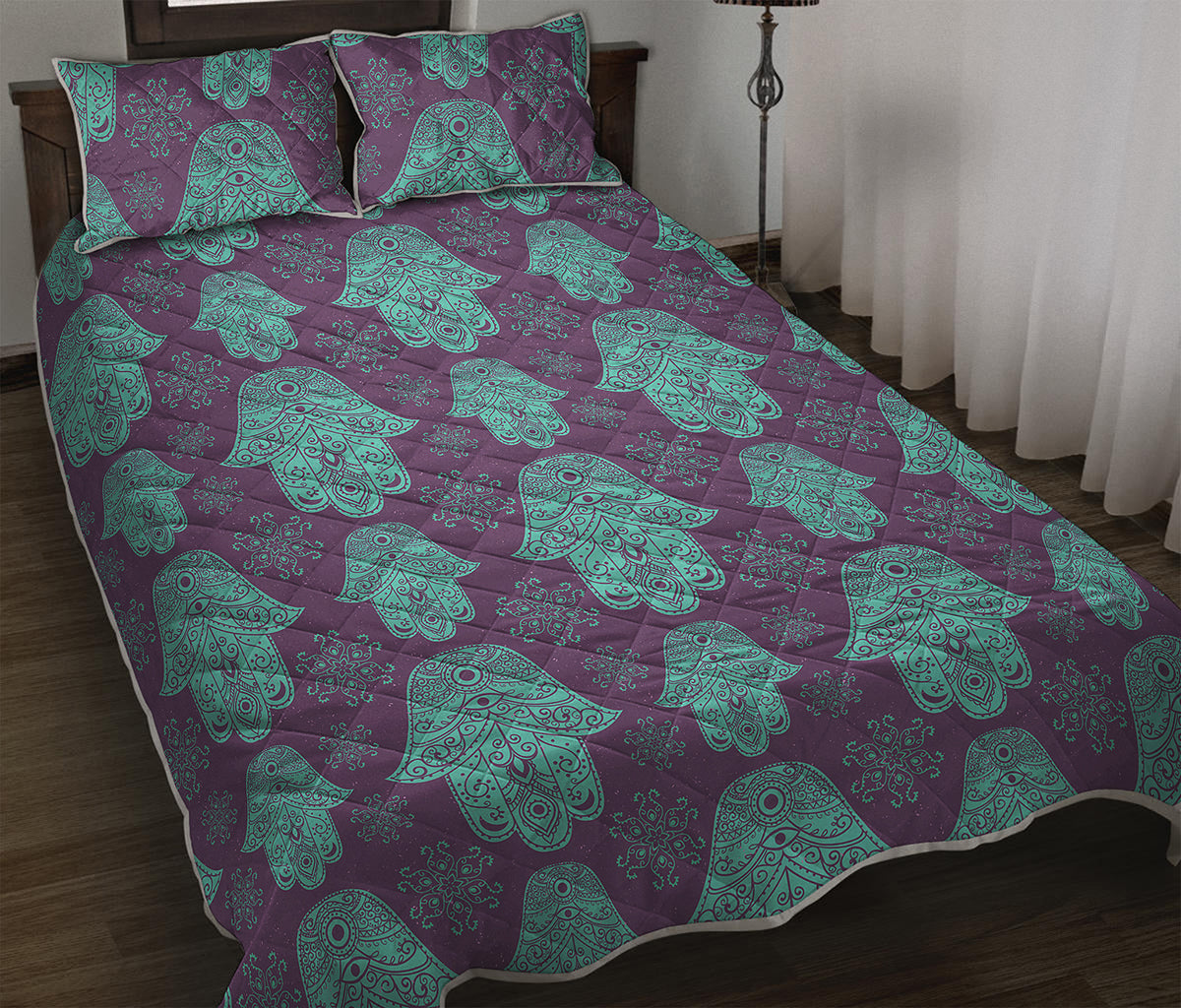 Turquoise Hamsa Pattern Print Quilt Bed Set