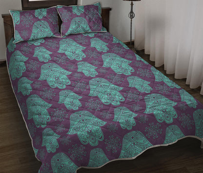 Turquoise Hamsa Pattern Print Quilt Bed Set