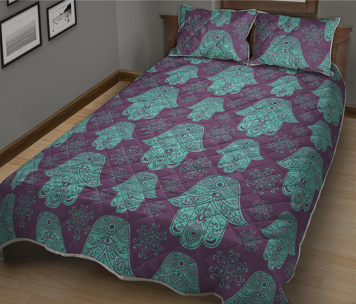 Turquoise Hamsa Pattern Print Quilt Bed Set