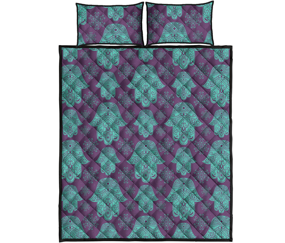 Turquoise Hamsa Pattern Print Quilt Bed Set