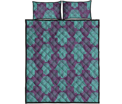 Turquoise Hamsa Pattern Print Quilt Bed Set