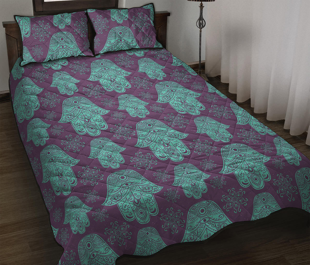 Turquoise Hamsa Pattern Print Quilt Bed Set