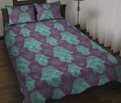 Turquoise Hamsa Pattern Print Quilt Bed Set