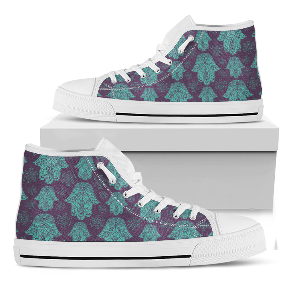 Turquoise Hamsa Pattern Print White High Top Shoes