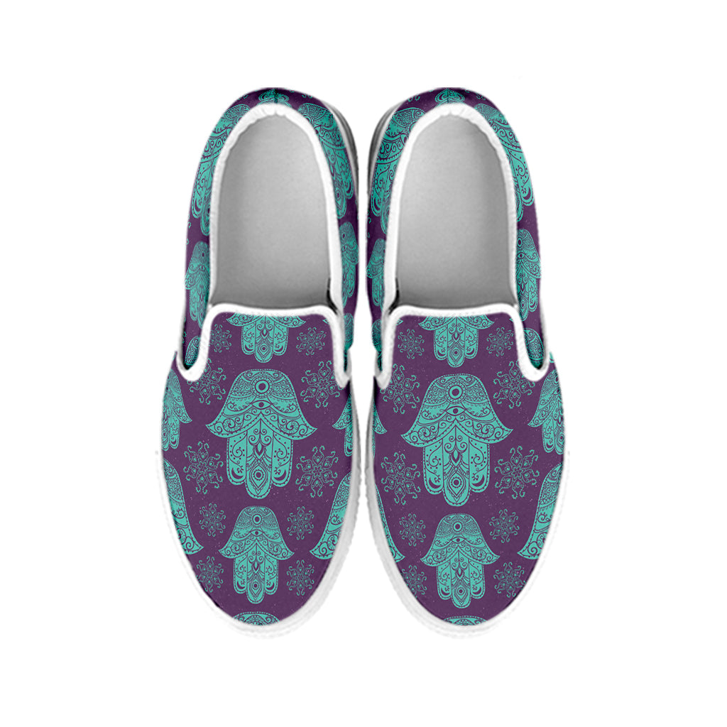 Turquoise Hamsa Pattern Print White Slip On Shoes