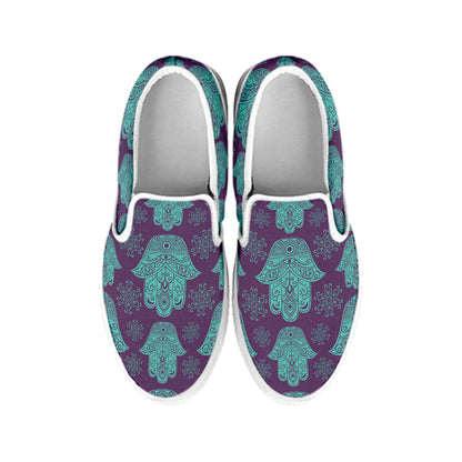 Turquoise Hamsa Pattern Print White Slip On Shoes