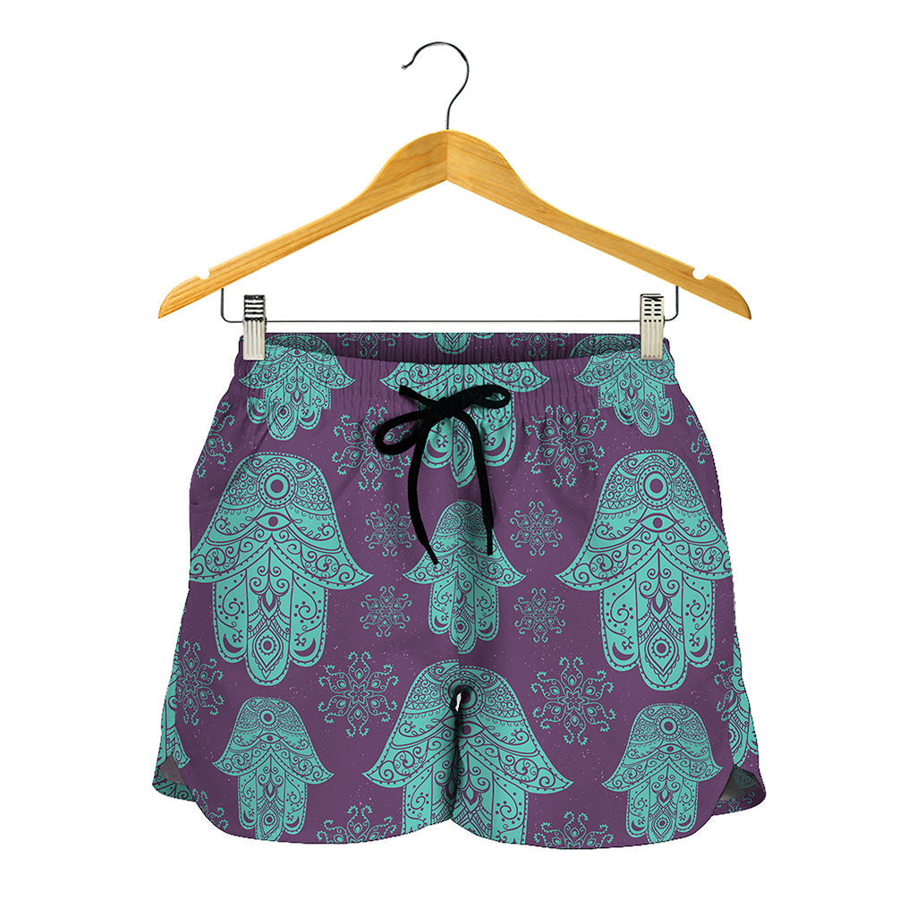 Turquoise Hamsa Pattern Print Women's Shorts