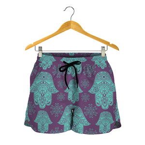 Turquoise Hamsa Pattern Print Women's Shorts