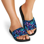 Turquoise Hawaii Tropical Pattern Print Black Slide Sandals