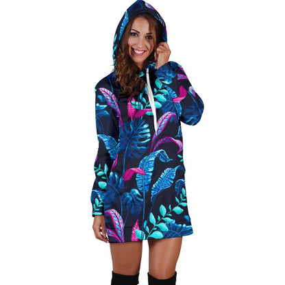 Turquoise Hawaii Tropical Pattern Print Hoodie Dress GearFrost
