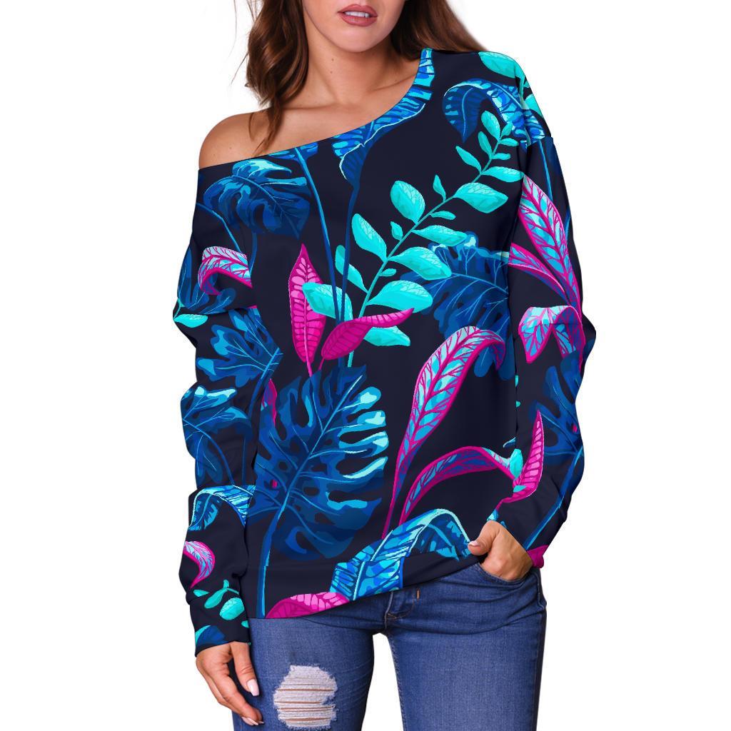 Turquoise Hawaii Tropical Pattern Print Off Shoulder Sweatshirt GearFrost