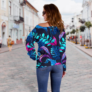 Turquoise Hawaii Tropical Pattern Print Off Shoulder Sweatshirt GearFrost