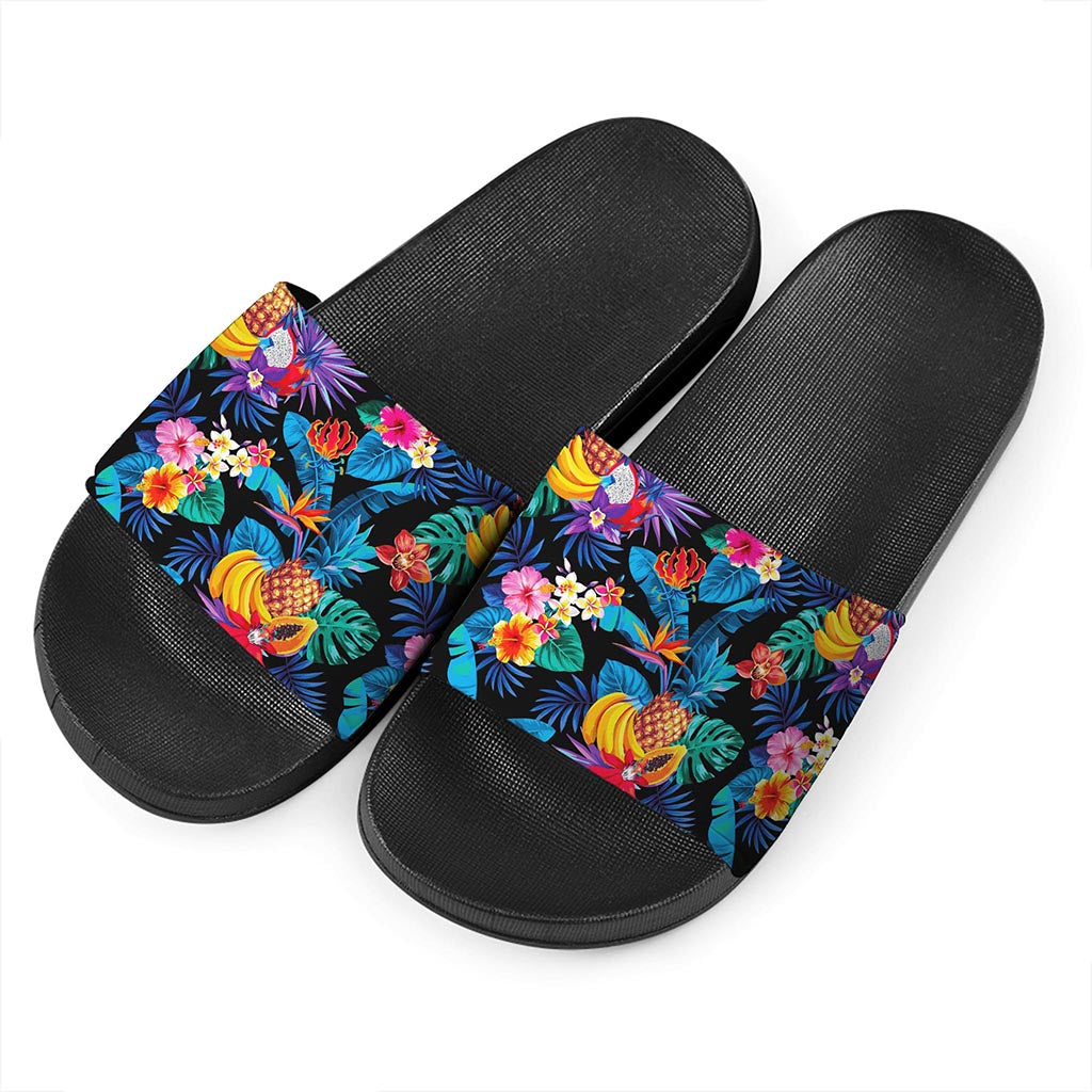 Turquoise Hawaiian Fruits Pattern Print Black Slide Sandals