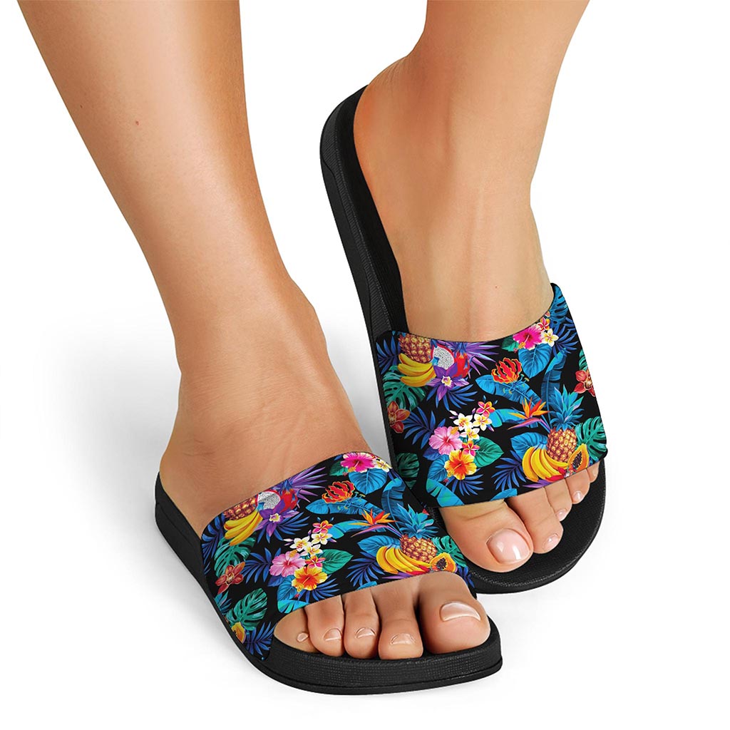 Turquoise Hawaiian Fruits Pattern Print Black Slide Sandals