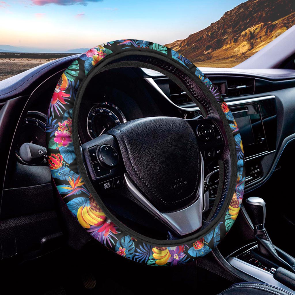 Turquoise Hawaiian Fruits Pattern Print Car Steering Wheel Cover
