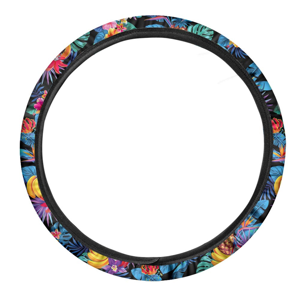 Turquoise Hawaiian Fruits Pattern Print Car Steering Wheel Cover