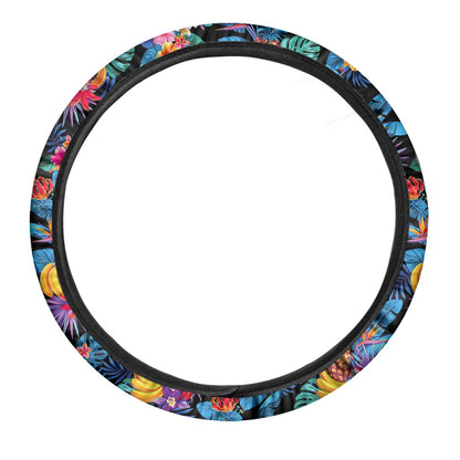 Turquoise Hawaiian Fruits Pattern Print Car Steering Wheel Cover