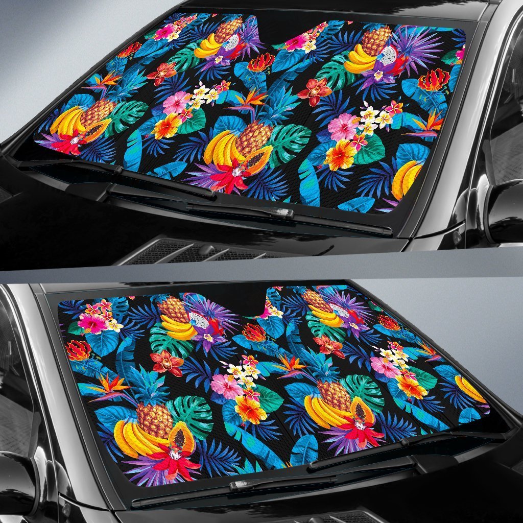 Turquoise Hawaiian Fruits Pattern Print Car Sun Shade GearFrost