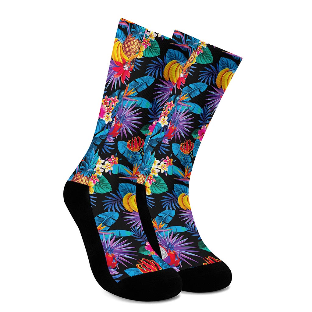 Turquoise Hawaiian Fruits Pattern Print Crew Socks