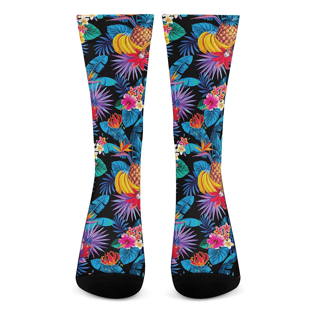 Turquoise Hawaiian Fruits Pattern Print Crew Socks