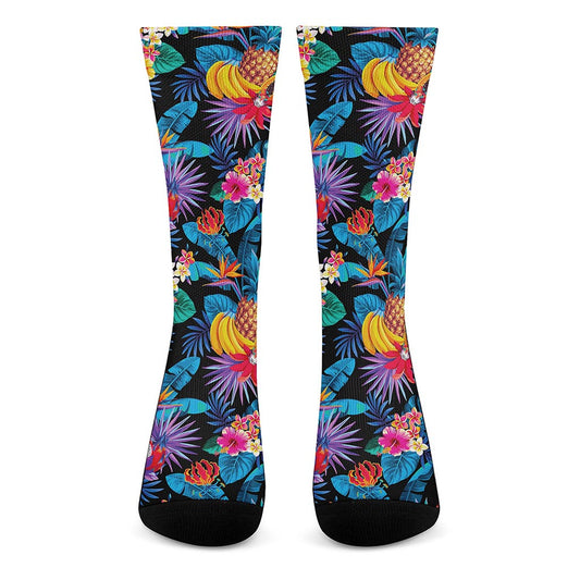 Turquoise Hawaiian Fruits Pattern Print Crew Socks
