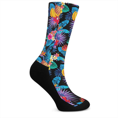 Turquoise Hawaiian Fruits Pattern Print Crew Socks